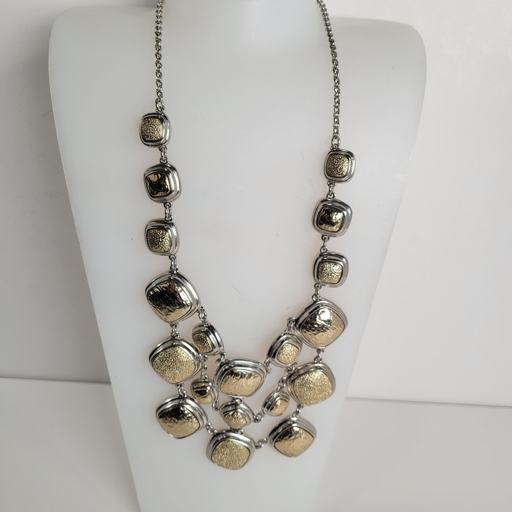 Monet 2 Tone Bib Necklace Silver Gold Links Squares Statement 20" Jewelry